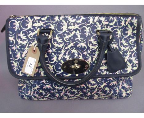 Mulberry screen printed lambskin handbag, decorated with ' Mini Gecko Print ' on a blue ground, 15ins wide approximately