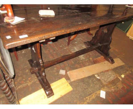 Small reproduction oak refectory style dining table together with a set of four ladder back chairs with rush seats