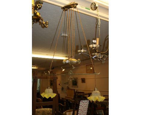 Edwardian brass rise and fall light fitting with frosted and yellow glass shades