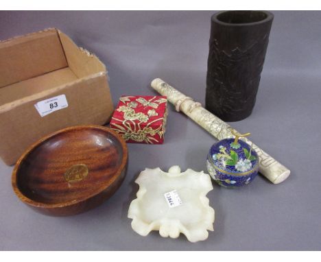 Chinese carved bamboo brush pot, small cloisonné box and cover, 20th Century soapstone box and cover, a pale jade lotus dish 