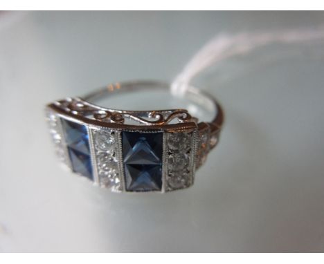 18ct White gold Art Deco style ring set bands of sapphires and diamonds