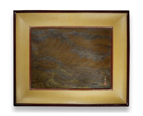 Uono Jisei (1883-after 1944)Taisho (1912-1926) or Showa (1926-1989) era, mid-20th centuryWaves, a framed lacquered panel, dec