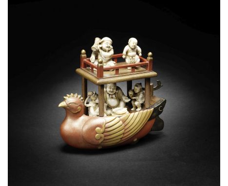 A gold-lacquer and ivory okimono of the takarabune (treasure ship)By Eishin, Meiji era (1868-1912), late 19th/early 20th cent