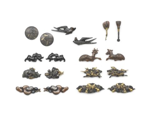 Nine pairs of menuki (paired hilt ornaments)Edo period (1615-1868), late 18th/19th centuryAll of mixed metal with relief inla