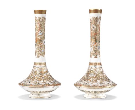 A pair of Satsuma tall slender vasesBy Yozan, Meiji era (1868-1912), late 19th/early 20th centuryBoldly decorated in enamels 