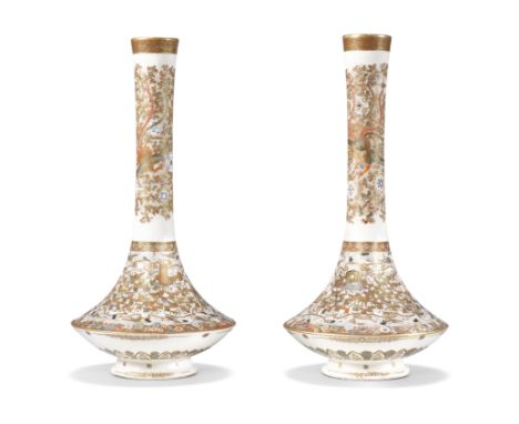 A pair of Satsuma tall slender vasesBy Yozan, Meiji era (1868-1912), late 19th/early 20th centuryBoldly decorated in enamels 