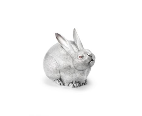 A silver large okimono of a rabbitBy Masatoshi, Meiji era (1868-1912), late 19th/early 20th centuryThe plump rabbit conventio