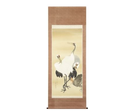 OBA GAKUSEN (1820-1899)Meiji era (1868-1912), 1871Cranes; a kakejiku (hanging scroll), ink, mineral colours and gofun (calcif