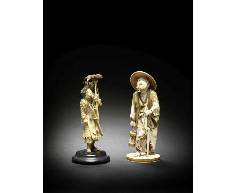 Two ivory okimono figuresOne by Yuho, Meiji era (1868-1912), late 19th/early 20th centuryComprising an Ainu hunter, standing 