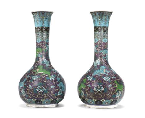 A pair of cloisonné-enamel on porcelain vasesBy Takeuchi Chubei of Nagoya for the Shippo Gaisha Company, Meiji era (1868-1912