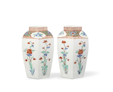 A pair of Kakiemon hexagonal 'Hampton Court' jarsEdo period (1615-1868), late 17th centuryDecorated in typical Kakiemon palet