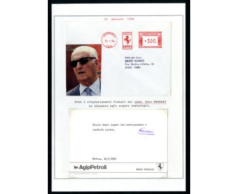 Enzo Ferrari  - 1984 - Biglietto di auguri con firma in violetto dell'imprenditore,&nbsp;dirigente sportivo, pilota automobil