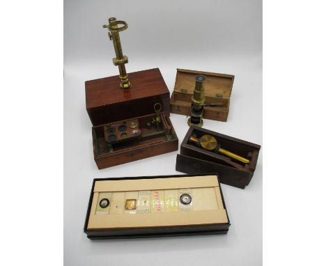 Microscopes and accessories to include a Dollond lacquered brass travellers microscope with eye pieces and a cap, a Neweys Pa