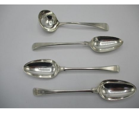 A set of three George III silver Old English pattern table spoons by Thomas &amp; William Chawner, London 1763, 216g and a si