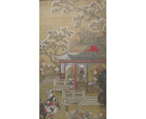 19th Century Japanese School - a garden scene with women on and by a bench, holding fans and two women looking down from a ve