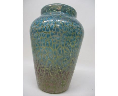 Ysart family - Monart Glass cloisonne decorated vase, green inner, with light blue outer casing having white highlights and m