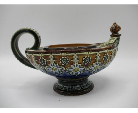 A Doulton Lambeth and S. Clarke's Fairy patent trade mark Aladdin's oil lamp, rd number 85918, incised initials for Eliza Sim