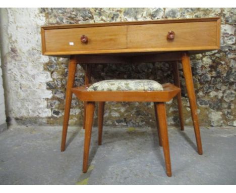 An English retro light wood, two drawer desk, turned wooden handles on splayed legs, 30 2/8" x 39" x 19 7/8", with a matching