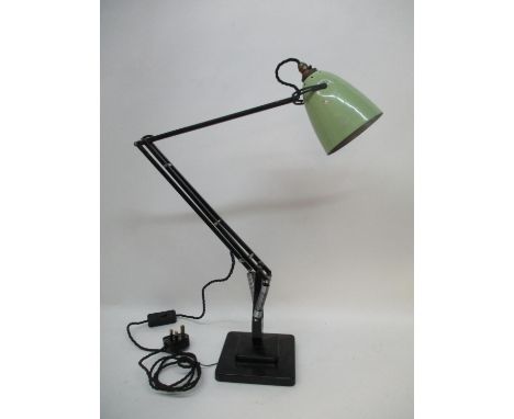 A Herbert Terry black anglepoise table lamp with green coloured shade and stepped base, circa 1940 (re-wired and safety teste