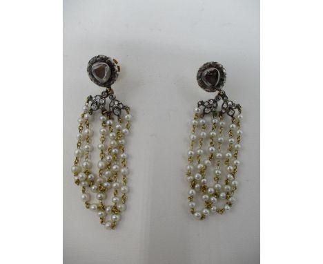 A pair of Italian 18ct gold diamond and three strand pearl earrings, 11.90g 