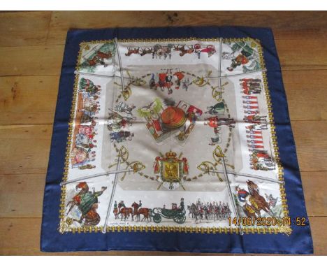 Hermes - L'Empire c'est La Paix, a silk scarf 34" x 35" by Philippe Ledoux for Hermes with a Napoleonic bee design in multi c