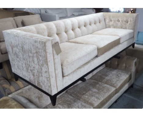 SOFA, upholstery in crushed velvet, taupe colour with buttons sitting in a dark wooden stained plinth, 240cm x 90cm x 75cm H.