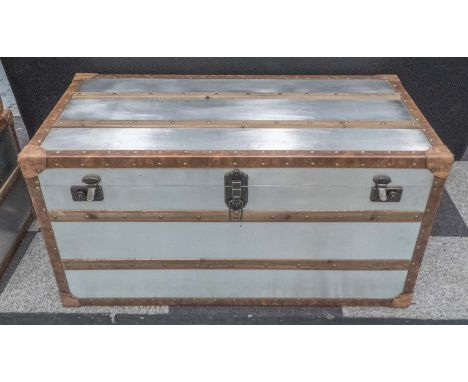 TRUNK, Aviation style in aluminium cladding with leather protection strips, 101cm x 51cm x 51cm H.