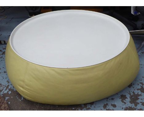 B & B ITALIA LOW TABLE, circular on a leather pouffe base, 92cm diam. x 30cm H.