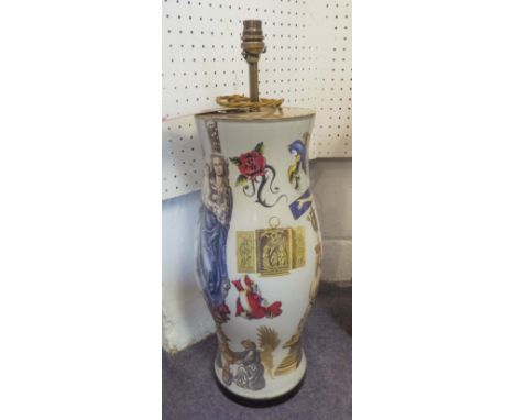 HANDMADE POTICHOMANIA LAMP, with religious and alegorical figures, Diana Mayo, 60cm H approx.