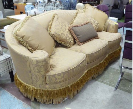 SOFA, three seater, in floral silk fabric with bullion fringe on turned supports, plus five cushions, 238cm L.