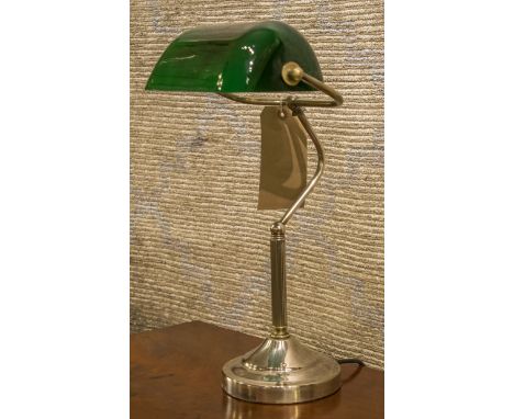 BANKERS LAMP, traditional silvered metal with green glass shade, 40cm H.