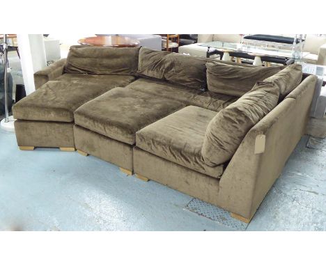 ASHLEY HICKS CORNER SOFA, in brown fabric on block supports plus a full length matching ottoman, 345cm x 199cm. (2)