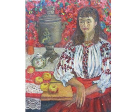 LYSENKE LYUBA 'Self portrait with Samovar', 1980, oil on canvas, inscribed verso, 80cm x 60cm.