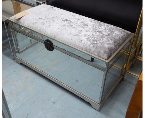 MIRRORED TRUNK, with crushed velvet silvered padded top, 100cm x 47cm x 53cm H.