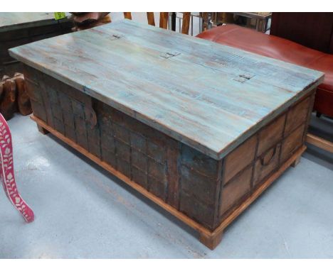STORAGE TRUNK, with lift up lid with distressed blue painted top, 140cm x 82cm x 53cm H.