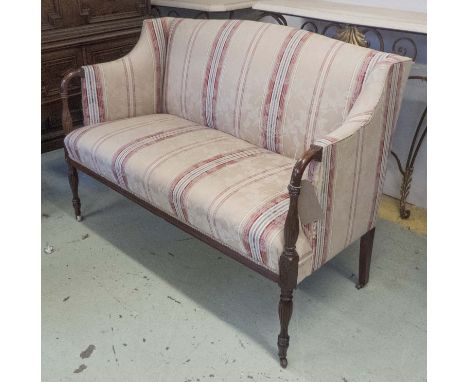 CANAPE, 19th century mahogany of compact proportions, with a carved show frame inscribed damask with turned reeded supports, 