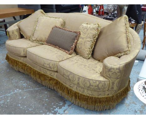 SOFA, three seater, in floral silk fabric with bullion fringe on turned supports, plus five cushions, 238cm L.