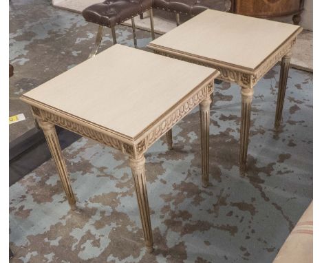 LAMP TABLES, a pair, Louis XVI style paint and gilt heightened with square formica tops, with carved frieze and fluted suppor