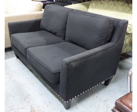 SOFA, two seater, in charcoal grey studded with square supports, 158cm L.