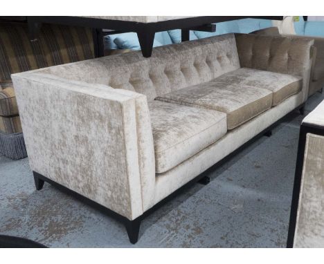 SOFA, upholstery in crushed velvet taupe colour with buttons sitting in a dark stained plinth, 240cm x 90cm x 75cm H.