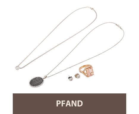 PFANDAUKTION - Collier m. Anhänger, Paar Ohrstecker, Brillantbesatz, WG 18K, Ring RSG 18K m. Morganit, Kette m. Anhänger, Dia