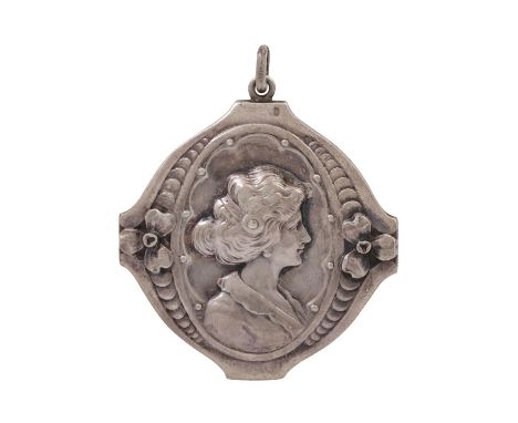 Jugendstil Anhänger mit Damenportrait im Profil, Silber, 14,1 g, ca. 5,5x4,5 cm, zeittypische florale Gestaltung um 1900, gut