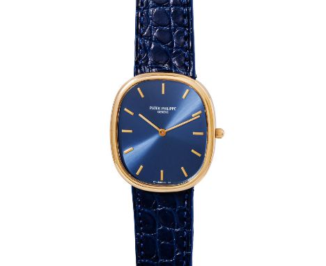 PATEK PHILIPPE Ellipse D'Or "Blau", Ref. 3738/100. Armbanduhr. Gold 18K. Automatik-Werk, Kaliber 240. Neues Krokodil-Lederban