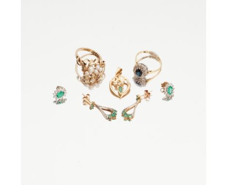 A collection of gem-set jewellery to include a pair of 9ct gold emerald and diamond set cluster ear studs, to post and butter