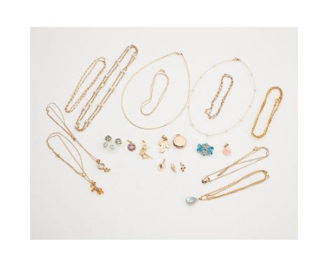 A collection of jewellery to include two 9ct flattened curb link necklaces, four various 9ct gold gem-set necklaces; a plain 