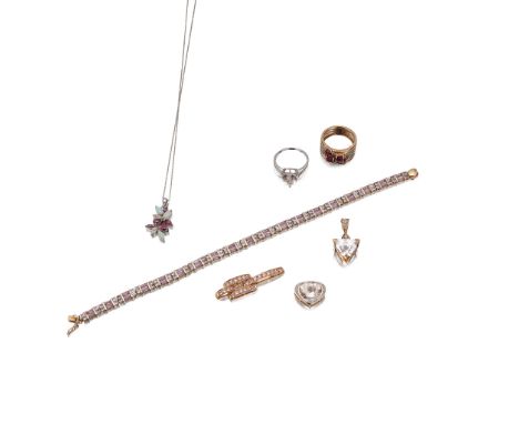 A collection of gem-set jewellery to include a 9ct gold amethyst and Tanzanite set bracelet, a 9ct gold pink sapphire set pen