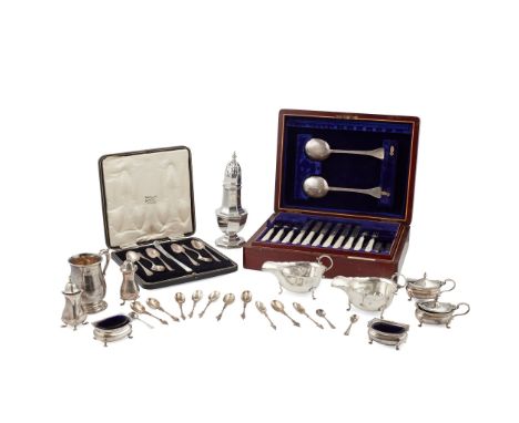 A collection of miscellaneous silver to include a cased cruet set, Hamilton &amp; Inches, Edinburgh 1926, with gadrooned bord