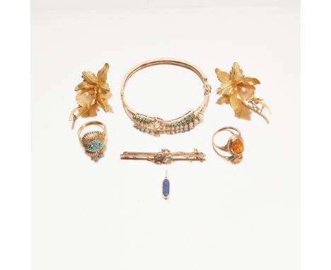 A collection of gem-set jewellery to include a turquoise and pearl set hinged bangle, stamped 14k; a turquoise set dress ring