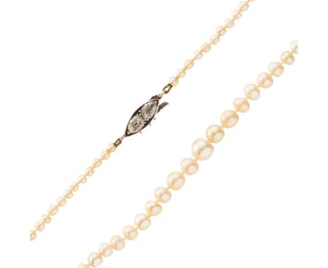 A natural pearl and diamond set necklace composed of a single strand of graduated natural pearls, the marquise shaped clasp s