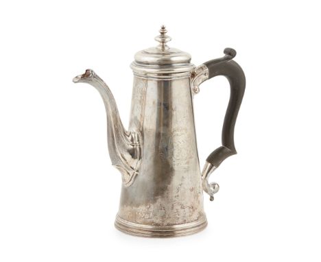 A George II coffee pot Robert Tyrrill, London 1743, of flared cylindrical form, engraved armorial to the body, S-scroll woode